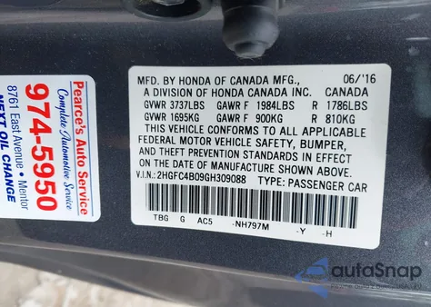 2016 Honda Civic Lx-P из США, поврежденный, VIN 2HGFC4B09GH309088